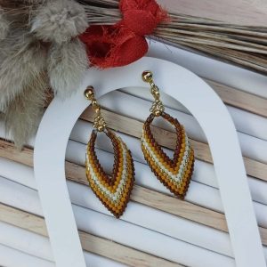 Boucles d'oreilles LIVY feuilles tissées perles miyuki variation marron crème et doré
