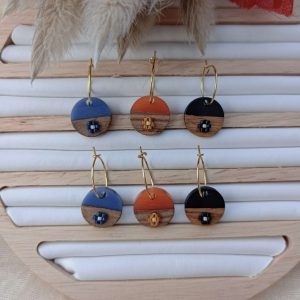 boucles d'oreilles créoles CREOLINE forme ronde bicolore et tissage miyuki terracotta, noire ou bleu