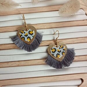boucles d'oreilles cœur graou grise franges et perles miyuki - idée cadeau fête des mères