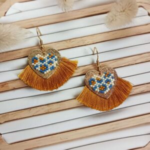 boucles d'oreilles cœur graou moutarde franges et perles miyuki - idée cadeau fête des mères