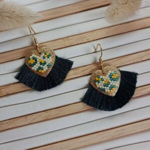 boucles d'oreilles cœur graou vert foncé franges et perles miyuki - idée cadeau fête des mères