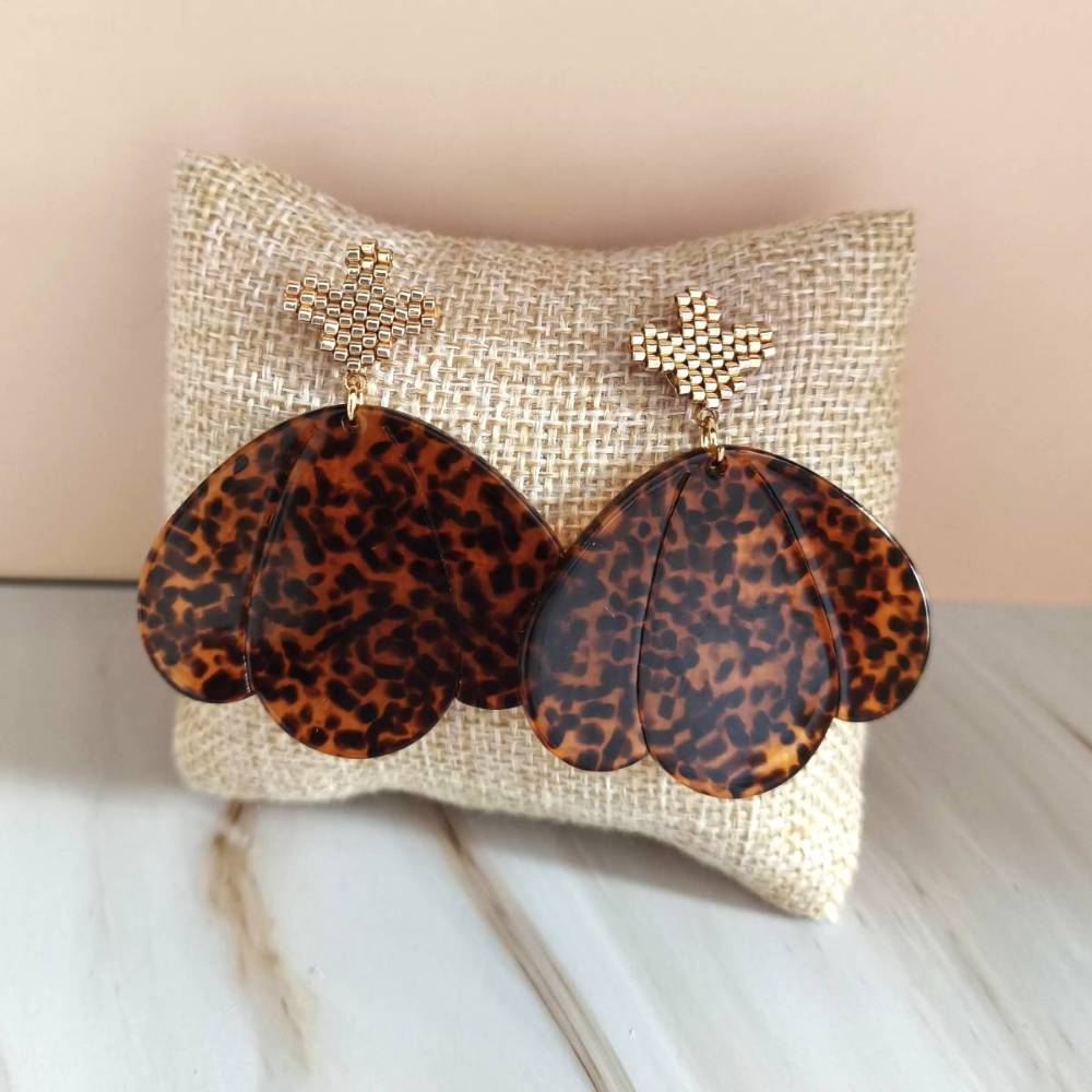 Boucles d’oreilles GARANCE XXL fleur en acétate marron terrazzo