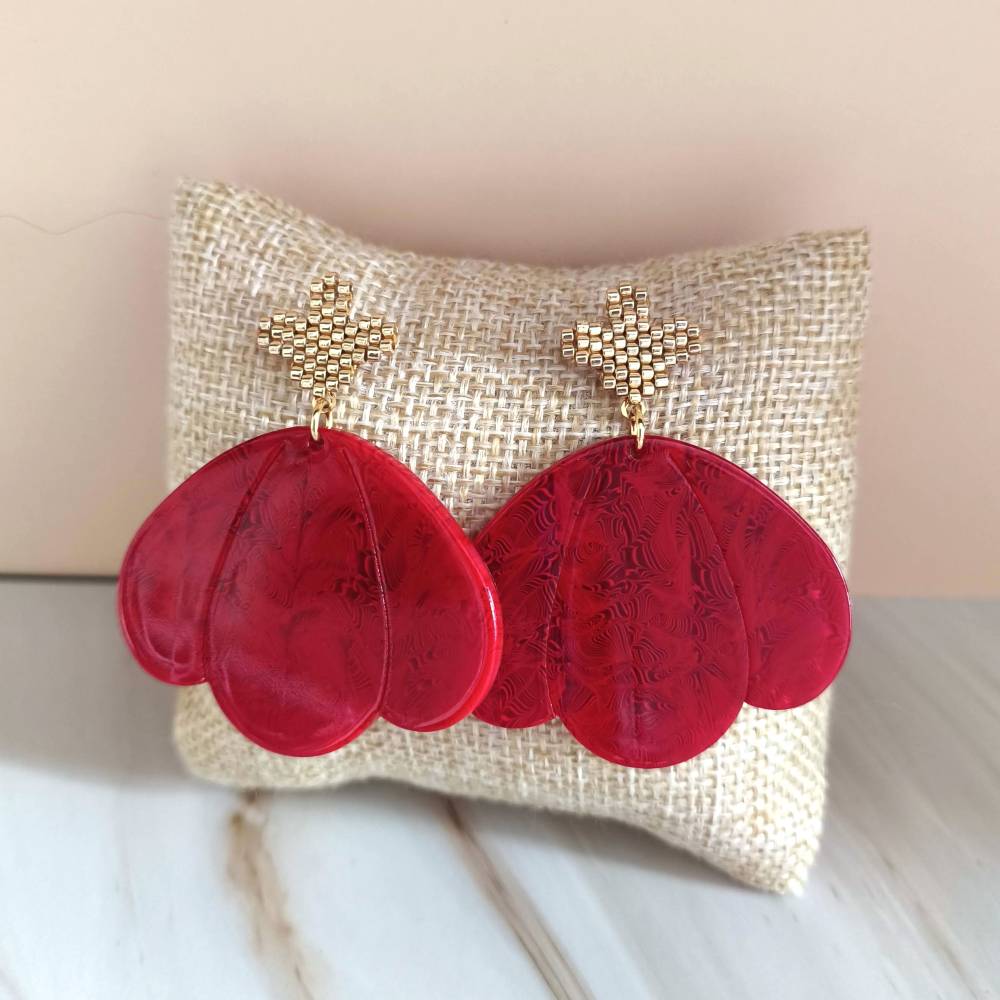 Boucles d’oreilles GARANCE XXL fleur en acétate rouge marbré