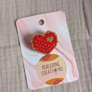 broche coeur pointillé rouge doré perles Miyuki - idéé cadeau porte-bonheur fête des mères
