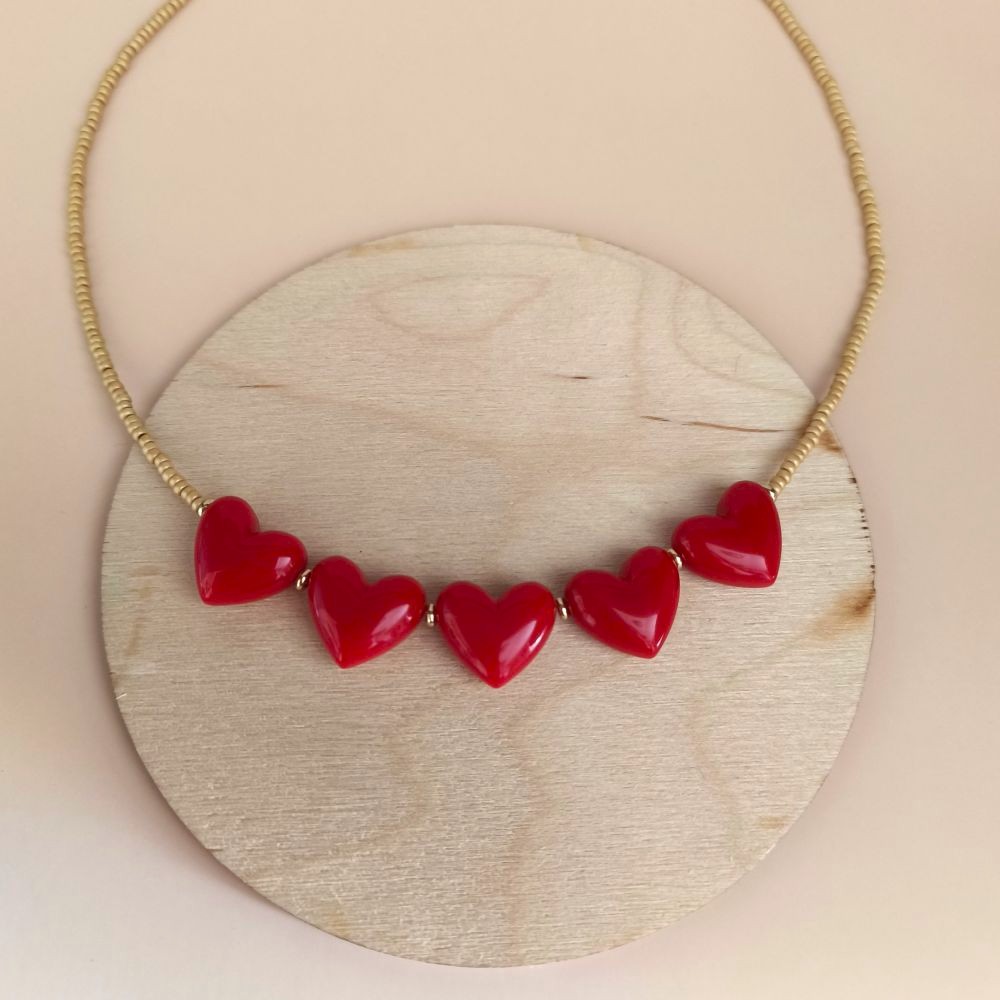 Collier cœur rouge rétro en perles de rocailles HOLLY