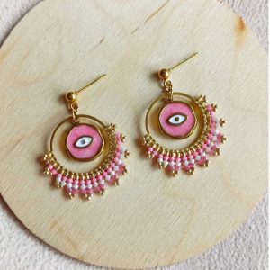 boucles d'oreille hathor rose tissage miyuki herringbone et oeil